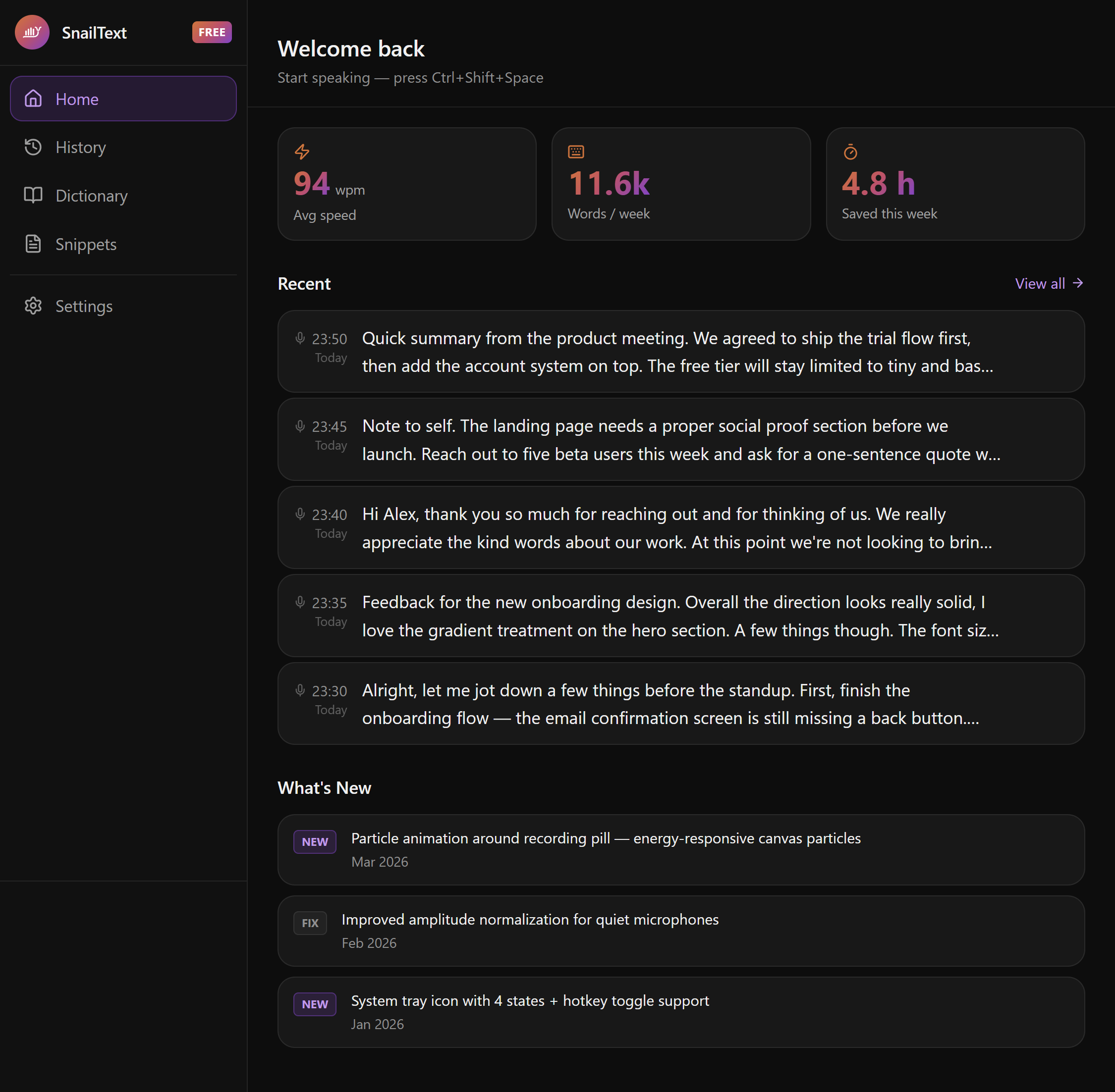 SnailText app — voice history and stats